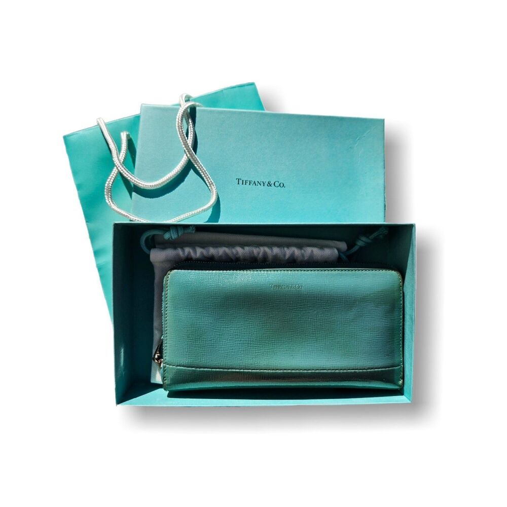 Tiffany Co Wallet Blue Green Glossy Leather Zippy Long Wallet Box & Bag GUC